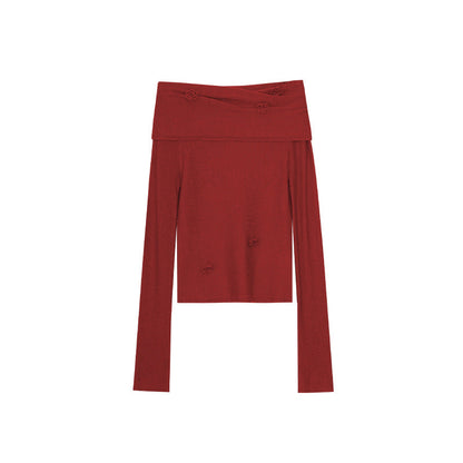 Skin-friendly one-word shoulder backless long-sleeved knitted sweater
