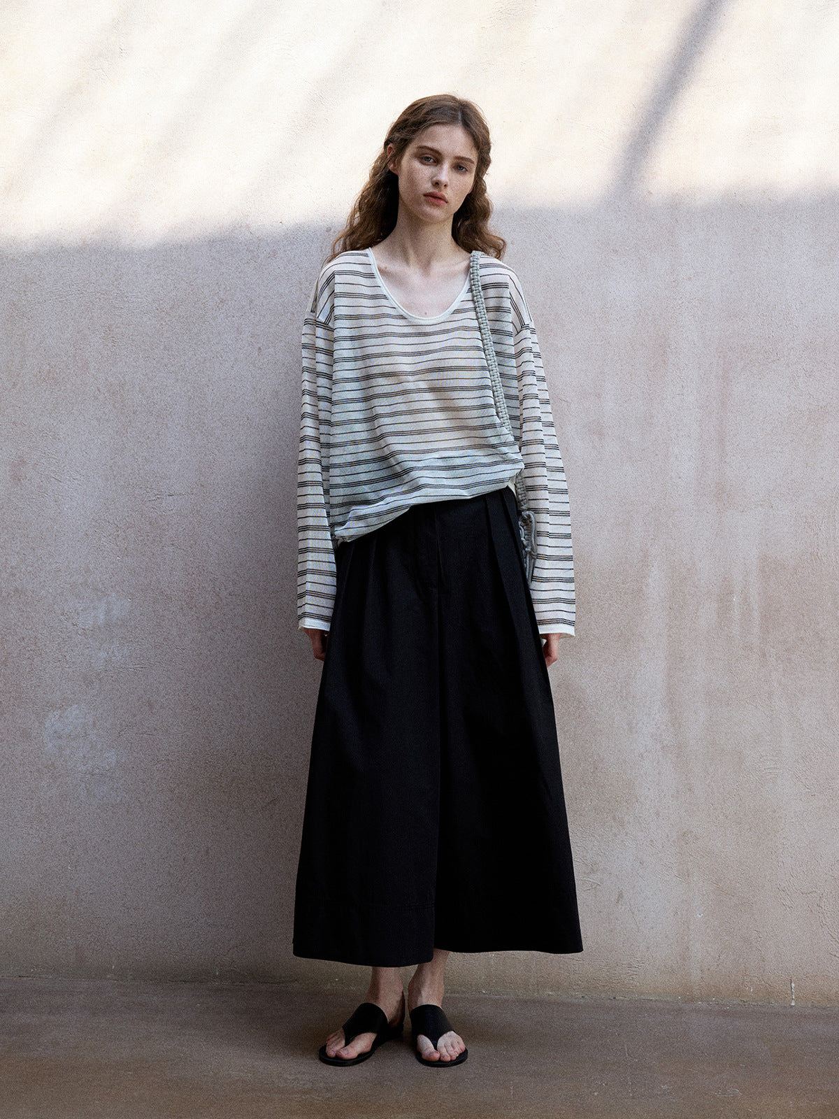 Summer soft and cool wash cotton adjustable middle waist commuting casual nine-point wide-leg pants
