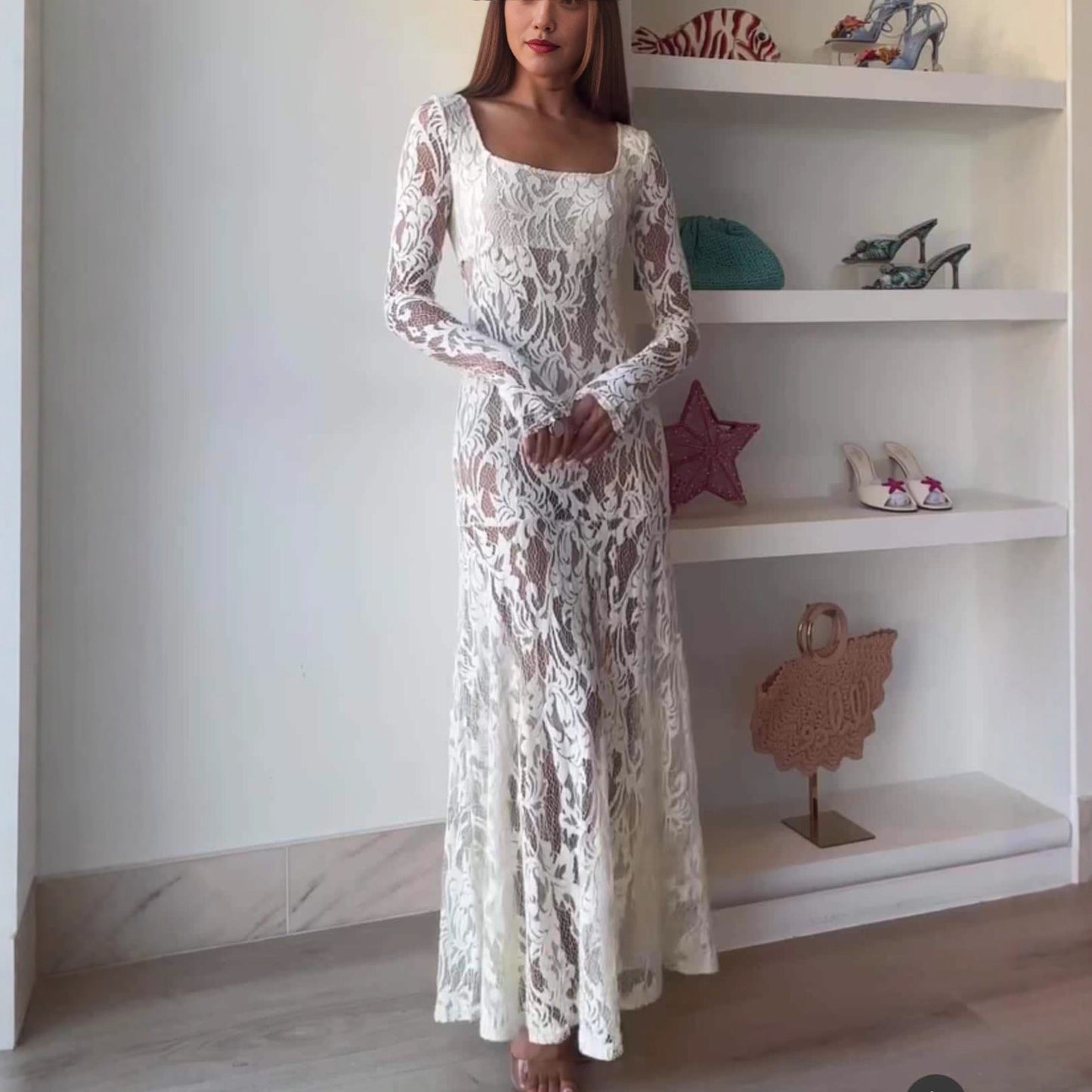 Openwork lace see-through long sleeve hottie sexy dress