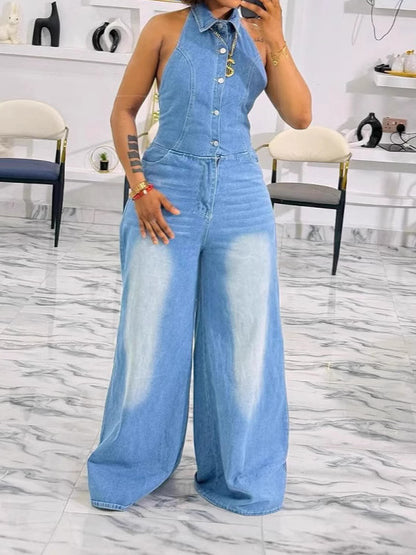 Halter Neck Denim Jumpsuit Women Mid Waist Wide Leg Backless Romper