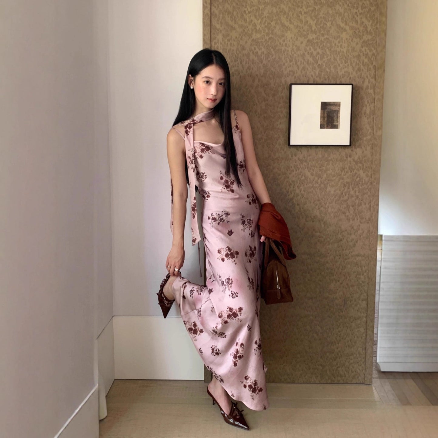 Slimming satin print slip dress