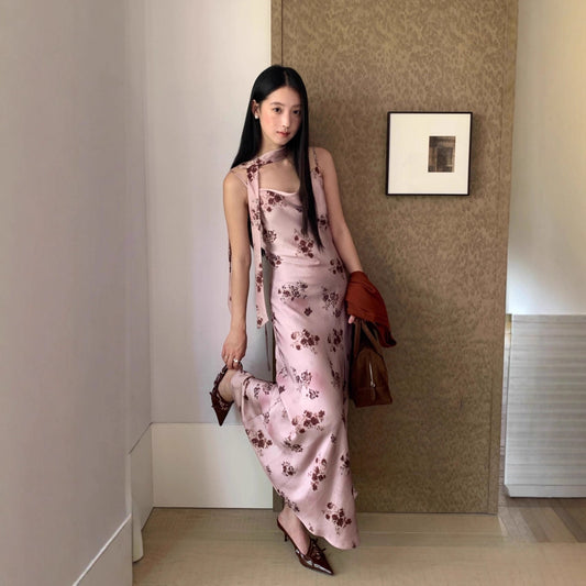 Slimming satin print slip dress