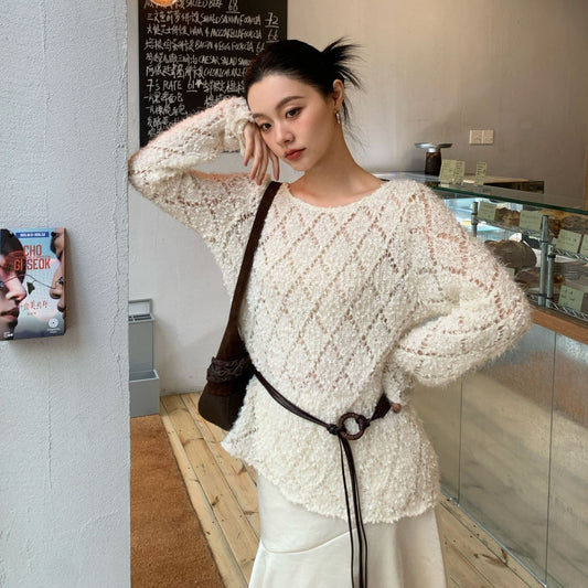 Lazy loose long-sleeved hollow crochet knitted sweater blouse