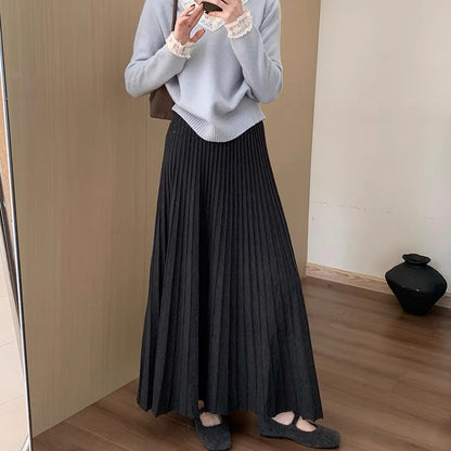 High waist and thin medium and long thickened pleated knitted skirt