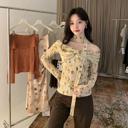 Floral Off-Shoulder Blouse – Retro French Style Long Sleeve Top