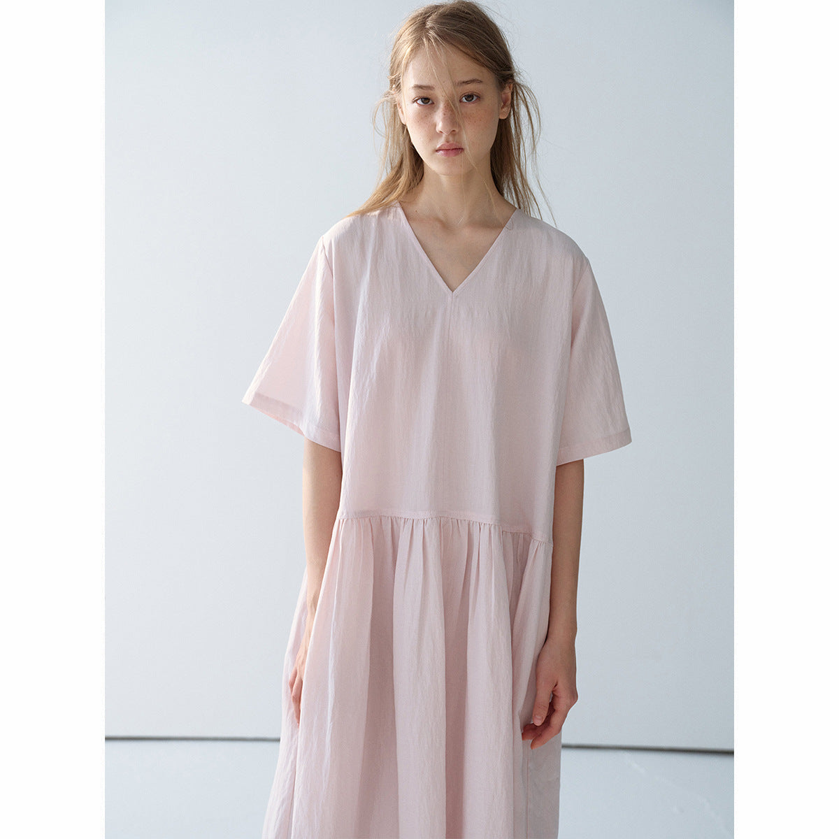 Summer new casual V-neck bamboo Tencel loose split long dress