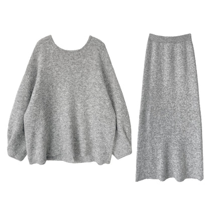 Korean autumn and winter warm back buttons lazy sweater + skirt women's new gentle suit