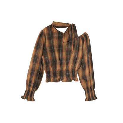Women's Plaid Print Diagonal Collar Asymmetric Sleeve Waist-Defining Shirt