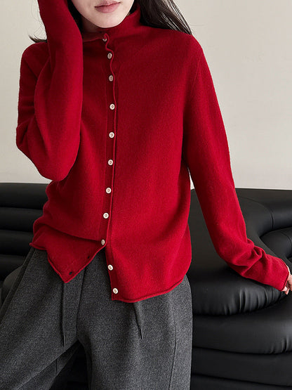 100 wool rolled hem single breasted knitting shirt women's winter half turtleneck sweatercardigan bottomtops