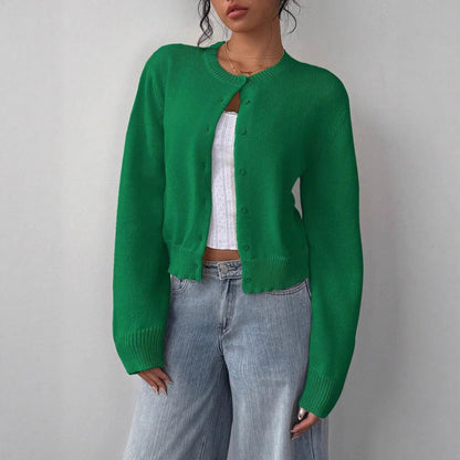 Autumn and winter round neck threaded long-sleeved button women's cardigan jacket sweater soft waxy short loose and thin