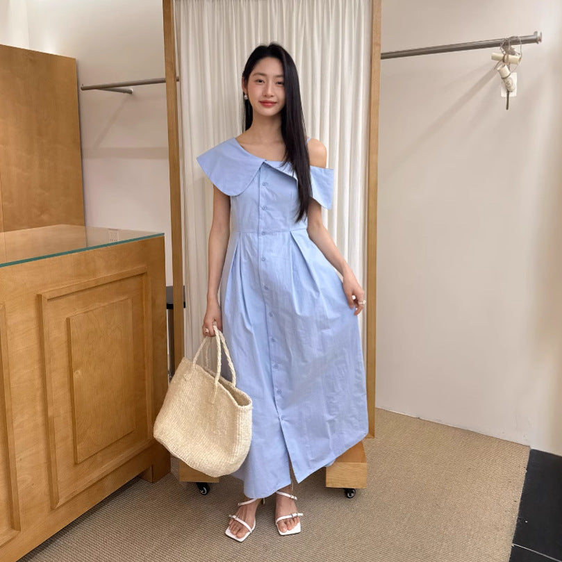 Temperament Single-breasted slanted neck ruffle edge off-the-shoulder dress