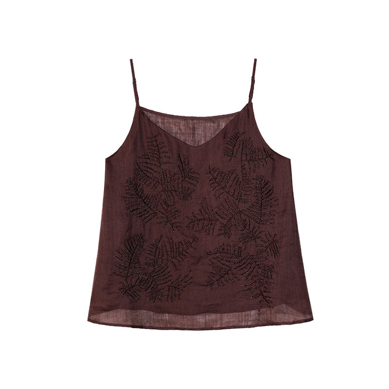 Elegant deep V-neck double-root inner embroidered sling vest