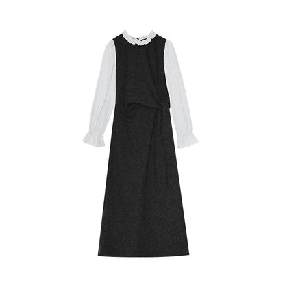 Gentle temperament waist long-sleeved knitted splicing dress