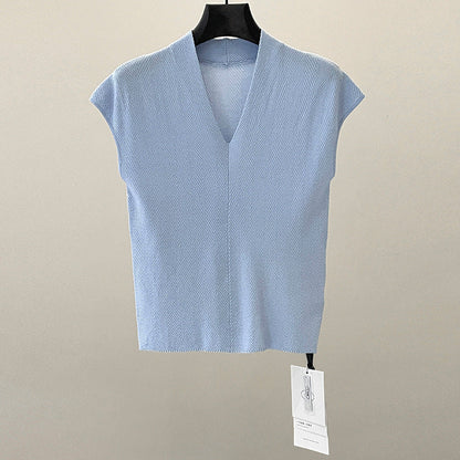 Spring and summer minimalist and versatile muscle-building V-neck slim-fitting and thin small flying-sleeved knitted sweater