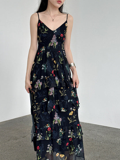 French elegant blended floral V-neck sundress women's summer new waist lace sundress