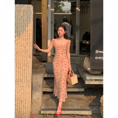 Beautiful floral dress square collar temperament dress