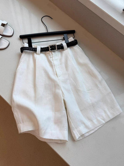 White linen high-waisted wide-leg shorts