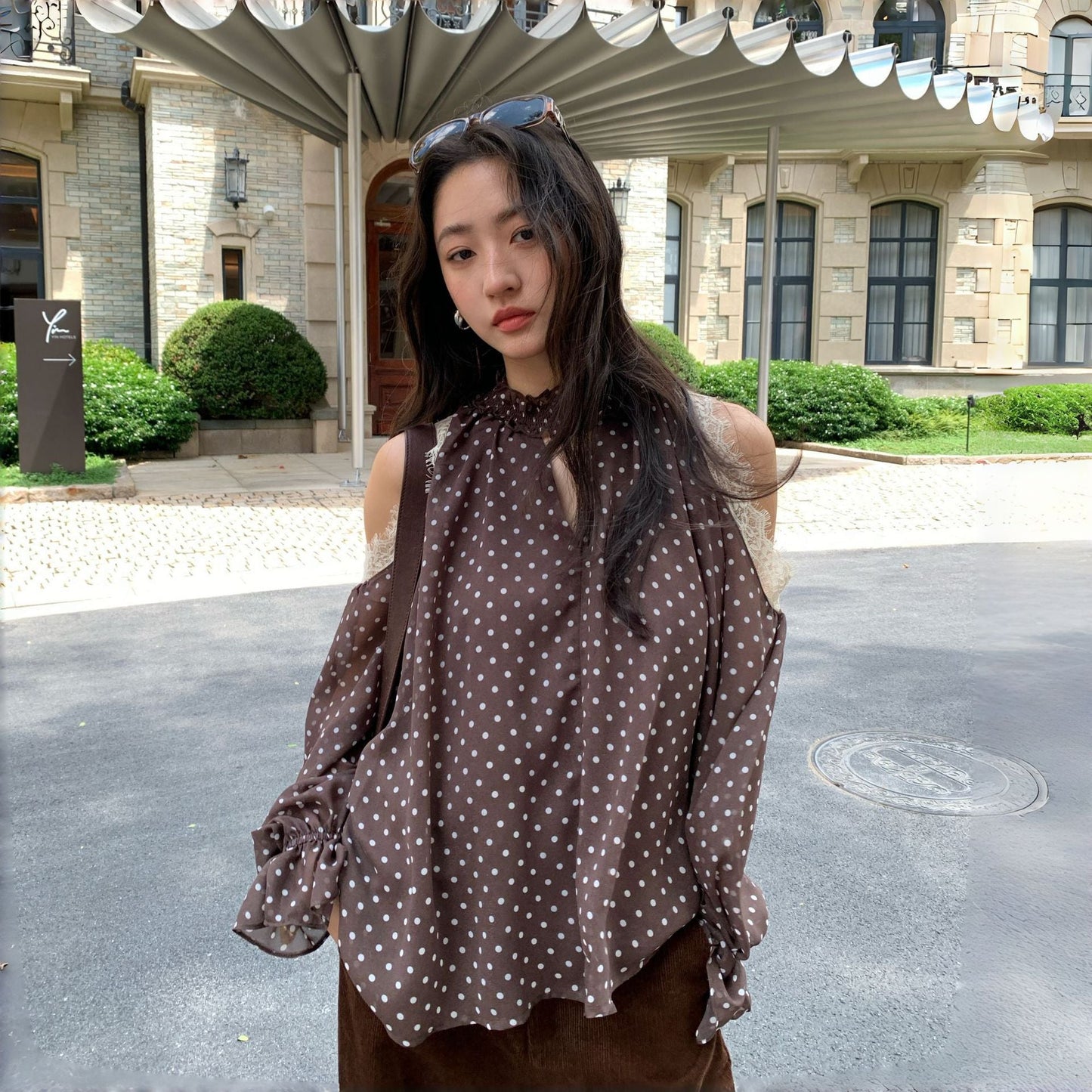 Lace polka dot flared sleeve neck off-the-shoulder shirt