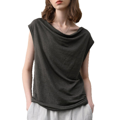 Hemp Sleeveless Top Women Slim Fit Swing Collar Knitted Shirt