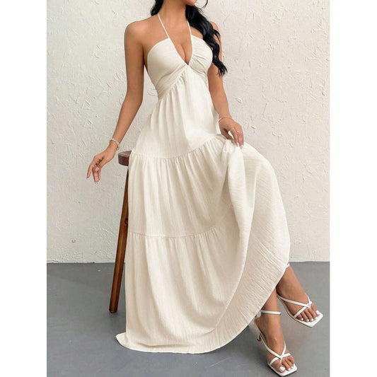 Ladies seaside neck holiday dress backless V-neck thin white pleats