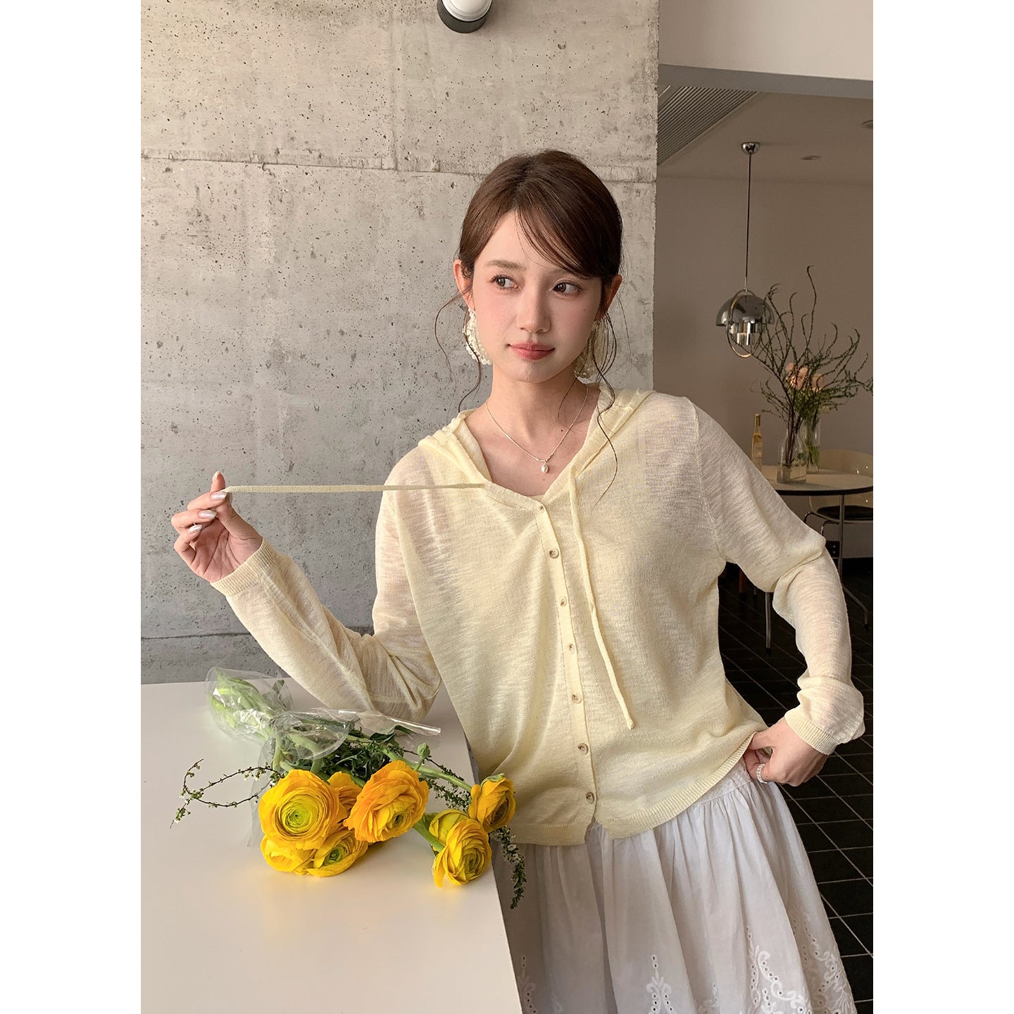 Long Sleeve Hooded Fake Two-Piece Knitted Pullover Sweater Korean