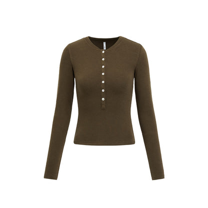 Henley Collar Slim Top Women Round Neck Long Sleeve Fitted T-Shirt