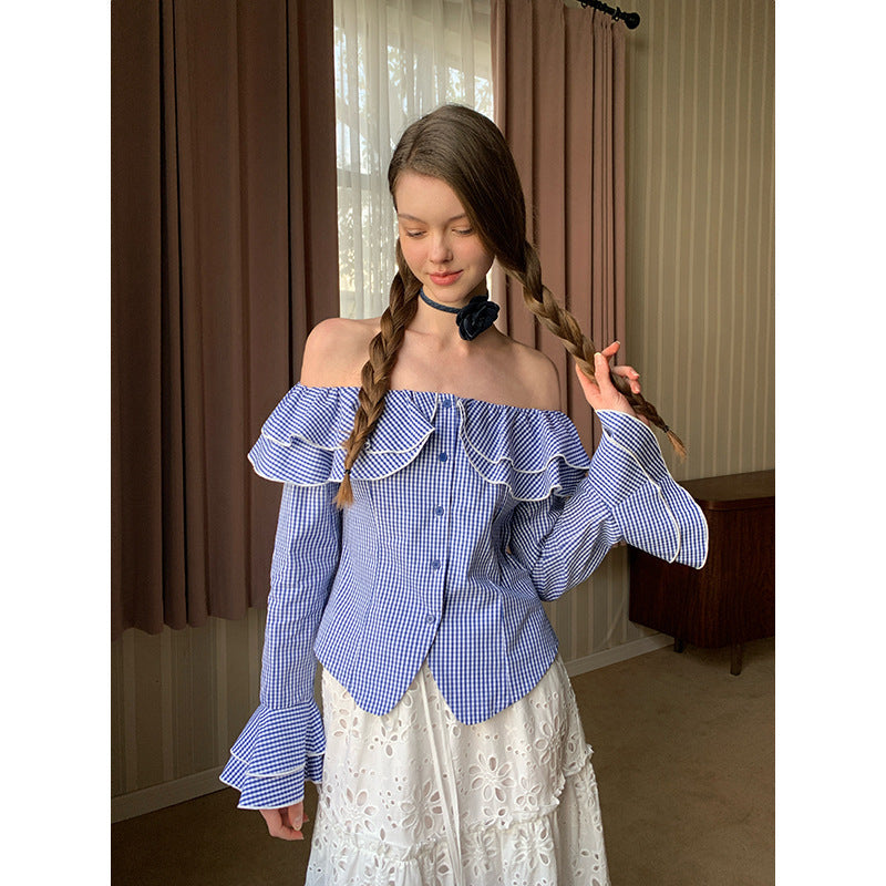 Skinny Plaid Lotus Leaf Shoulder Shirt