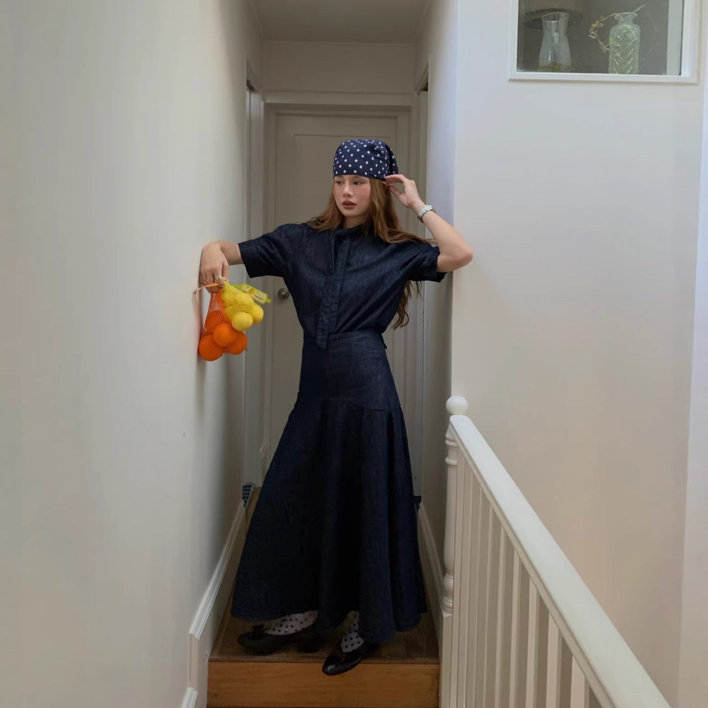 High waist big swing umbrella skirt a word denim skirt