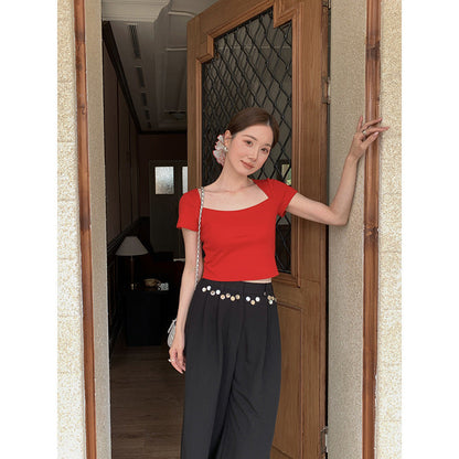 Square Neck French Tights Open Button Short Sleeve T-Shirt