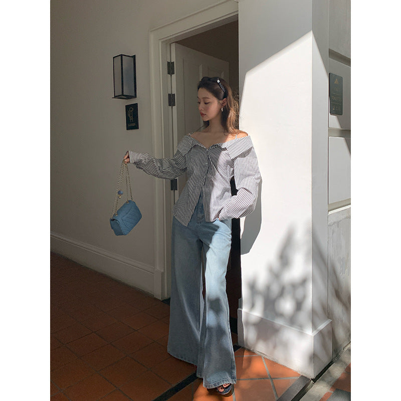 Fashion pure desire temperament one-word shoulder striped shirt