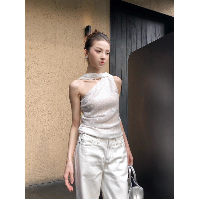 One-Shoulder Sleeveless Top Women Slim Fit Irregular Hem Vest