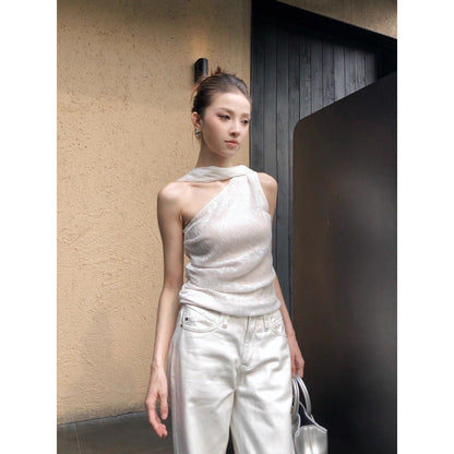 One-Shoulder Sleeveless Top Women Slim Fit Irregular Hem Vest