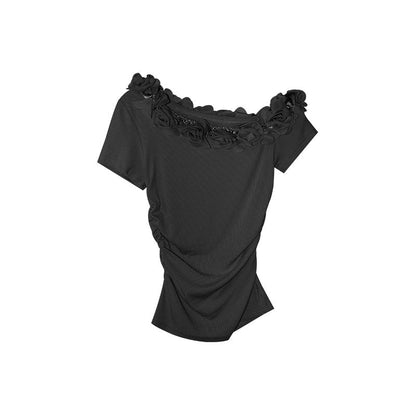 Women's 3D Floral Off-Shoulder Asymmetric Sleeve Pinch-Waist Tencel Top