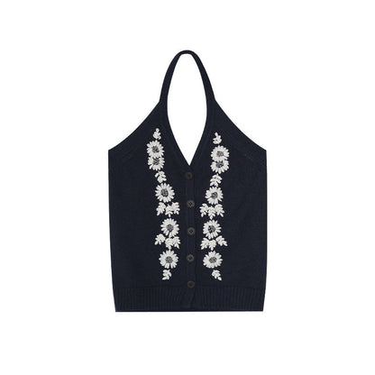 Spice girl sexy backless single-breasted jacquard neck knitted cardigan