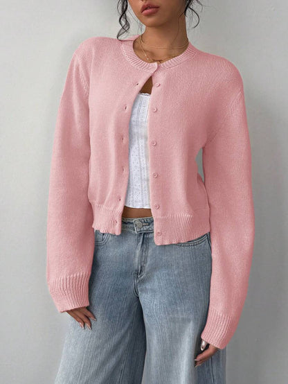 Autumn and winter round neck threaded long-sleeved button women's cardigan jacket sweater soft waxy short loose and thin