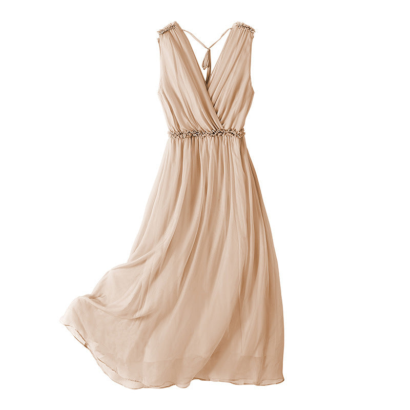 V-Neck Sleeveless Dress Women Mid Waist Mulberry Silk Maxi Two-Piece