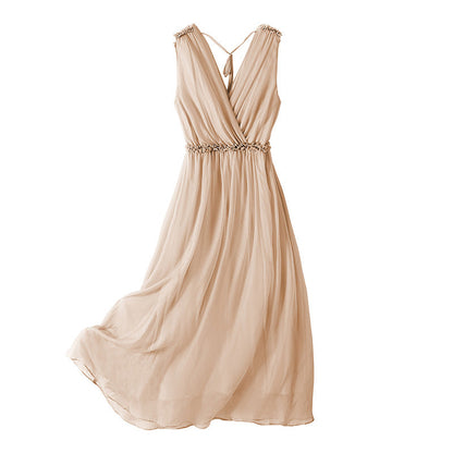 V-Neck Sleeveless Dress Women Mid Waist Mulberry Silk Maxi Two-Piece