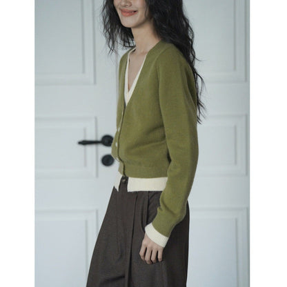 Green Layered Look Knit Cardigan | Women's Slim Spring Sweater Top