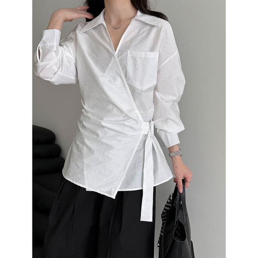 French design sense irregular cross strap shirt women's autumn new niche pleated top