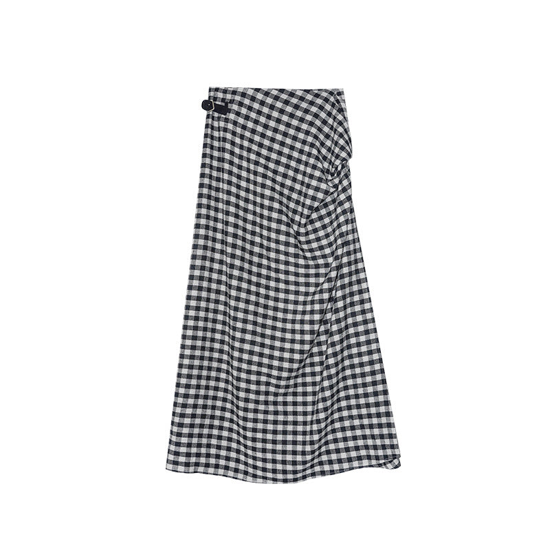 Chessboard plaid waist buckle design slim high waist skirt