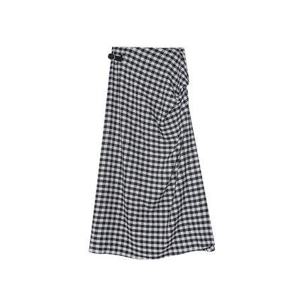 Chessboard plaid waist buckle design slim high waist skirt