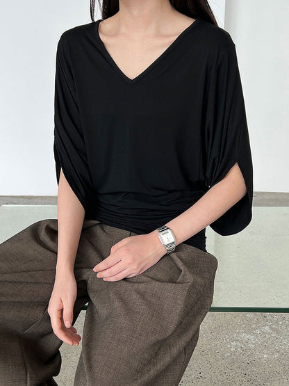 Korean Lazy Wind V-Neck Waist Bat Sleeve T-Shirt Women's Summer New Skinny Short Sleeve Top