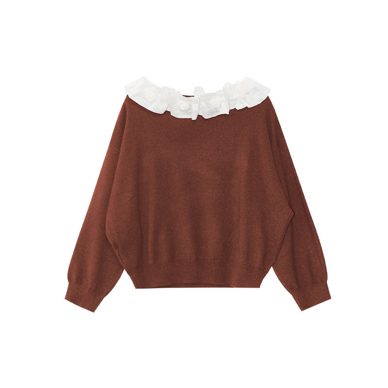 A beautiful lace slanted shoulder open-back knit sweater