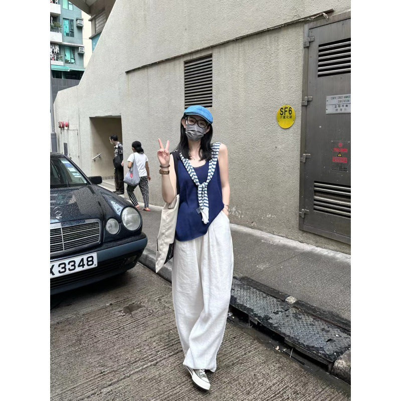 High-waisted white high-waisted linen wide-leg pants women's 2026 summer new loose and thin straight floor-mopping pants