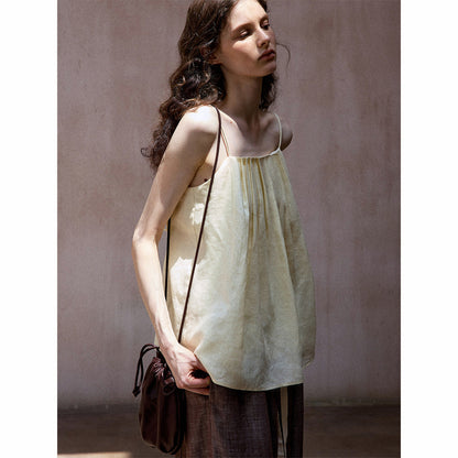 Summer Breathable Linen Pleated Adjustable Suspender Simple Vacation Top