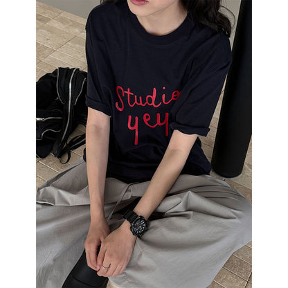 Letter print crew neck T-shirt women's summer new Korean simple commuter versatile short-sleeved top