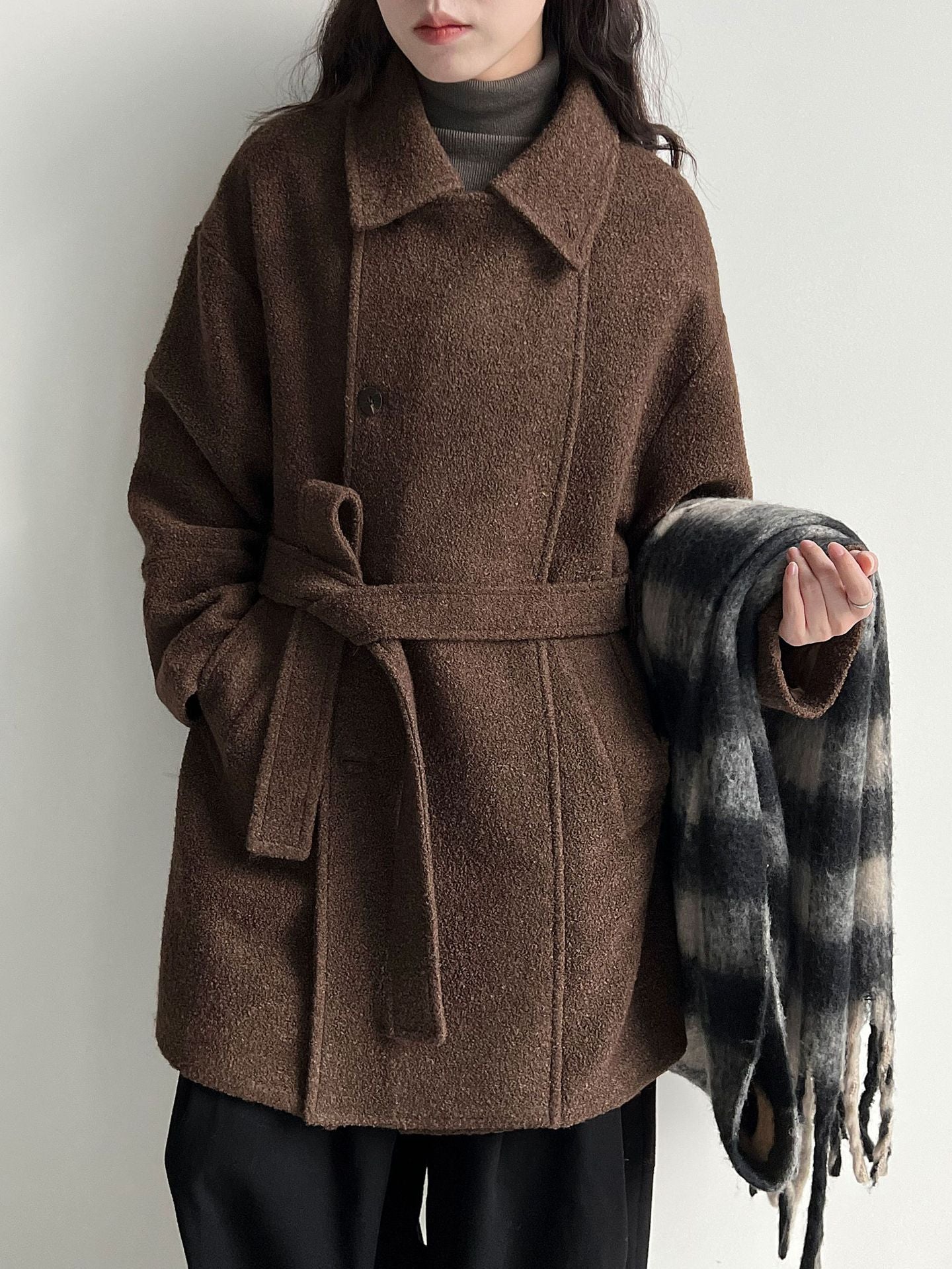 Wool double-layer wide placket silhouette windproof heattech woolen coat women's winter new belt outwear
