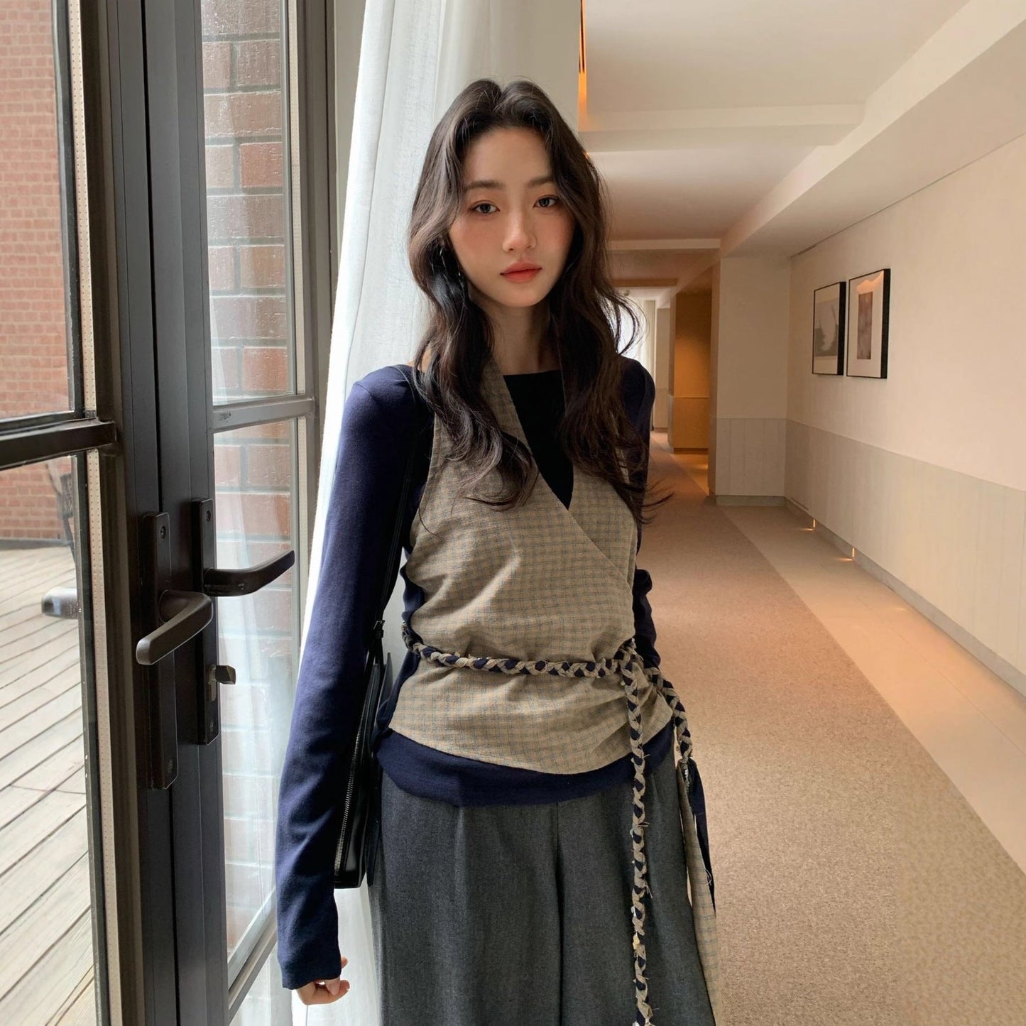 Plaid strap neck vest two-piece long-sleeved t-shirt