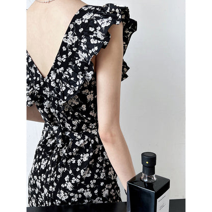 Square collar ruffle edge floral dress women's summer flying sleeves temperament Hepburn vest skirt