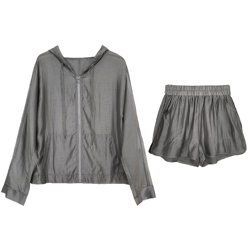 Hooded tencel sun protection set - women's lightweight summer outdoor sports & casual two-piece outfit (hoodie & shorts)